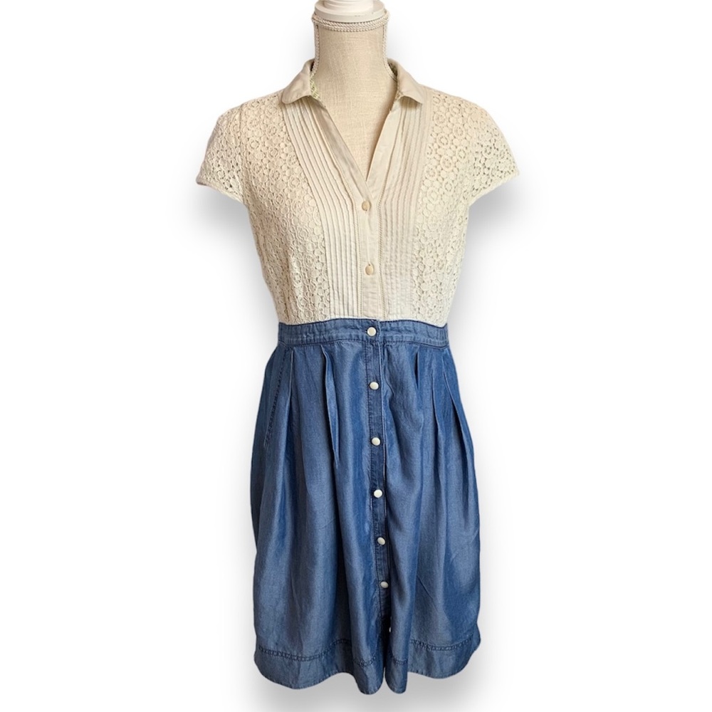 HD IN PARIS for ANTHROPOLOGIE | Lace and Chambray Button Up Dress Size 8